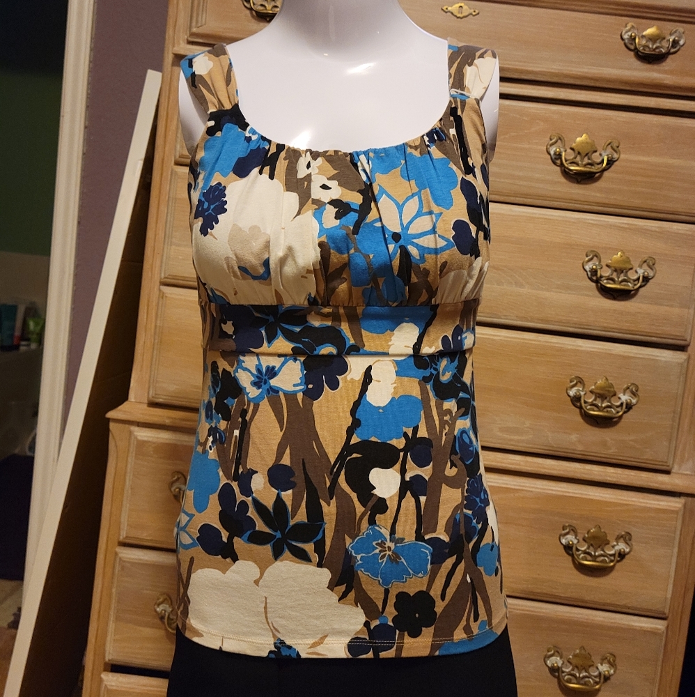 Ann Taylor Blue Beige Floral Sleeveless Top